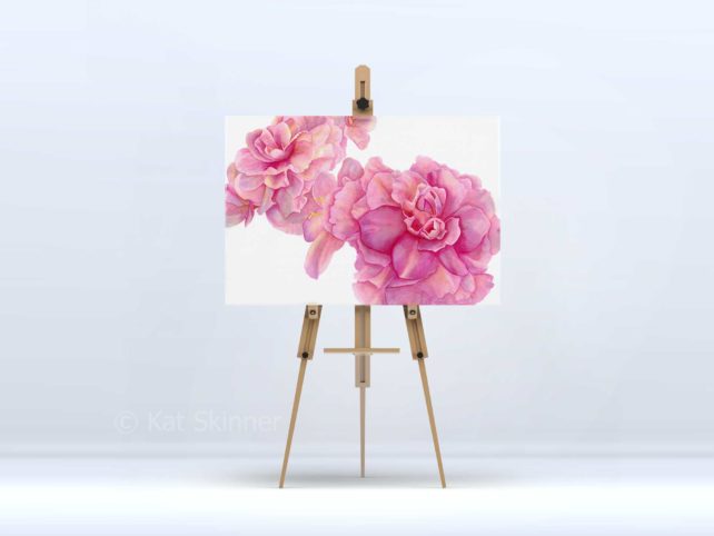 Begonia Flowers Watercolor Painting Hung on Easel by Kat Skinner